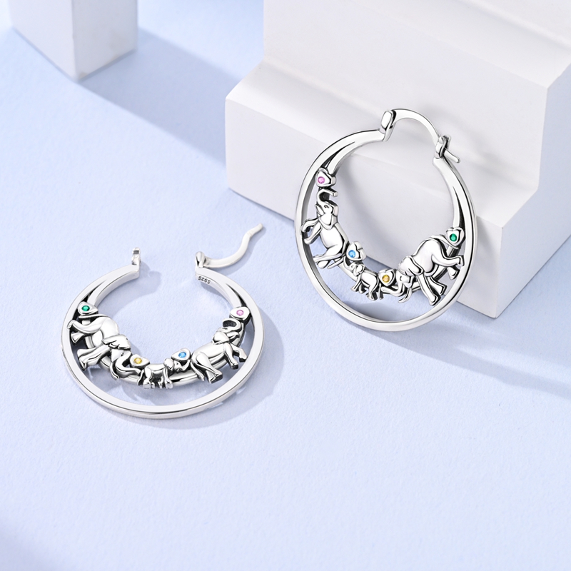 Women's Elephant Family Double-Layer S925 Silver Hoop Earrings